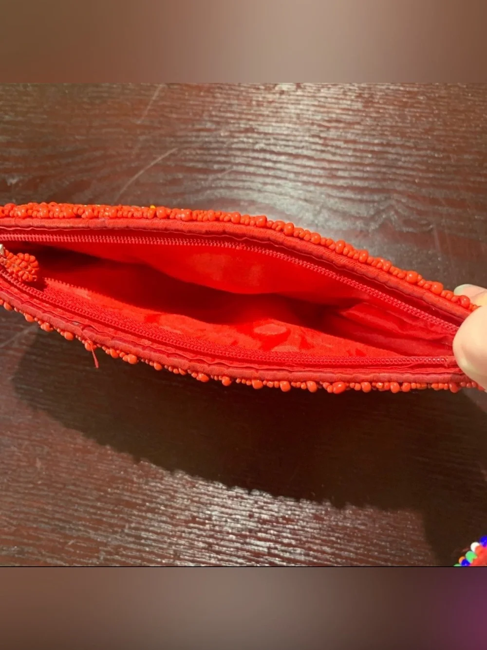 WRISTLET CLUTCH SMALL MULTICOLORED BEADED TOP ZIPPER SATIN LINING